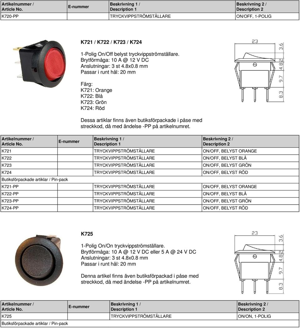 ON/OFF, BELYST GRÖN K724 TRYCKVIPPSTRÖMSTÄLLARE ON/OFF, BELYST RÖD K721-PP TRYCKVIPPSTRÖMSTÄLLARE ON/OFF, BELYST ORANGE K722-PP TRYCKVIPPSTRÖMSTÄLLARE ON/OFF, BELYST BLÅ K723-PP