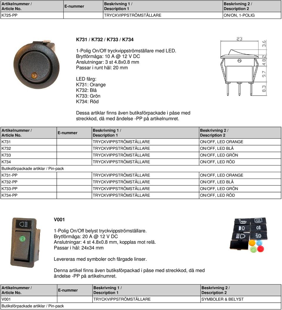 TRYCKVIPPSTRÖMSTÄLLARE ON/OFF, LED RÖD K731-PP TRYCKVIPPSTRÖMSTÄLLARE ON/OFF, LED ORANGE K732-PP TRYCKVIPPSTRÖMSTÄLLARE ON/OFF, LED BLÅ K733-PP TRYCKVIPPSTRÖMSTÄLLARE ON/OFF, LED GRÖN K734-PP