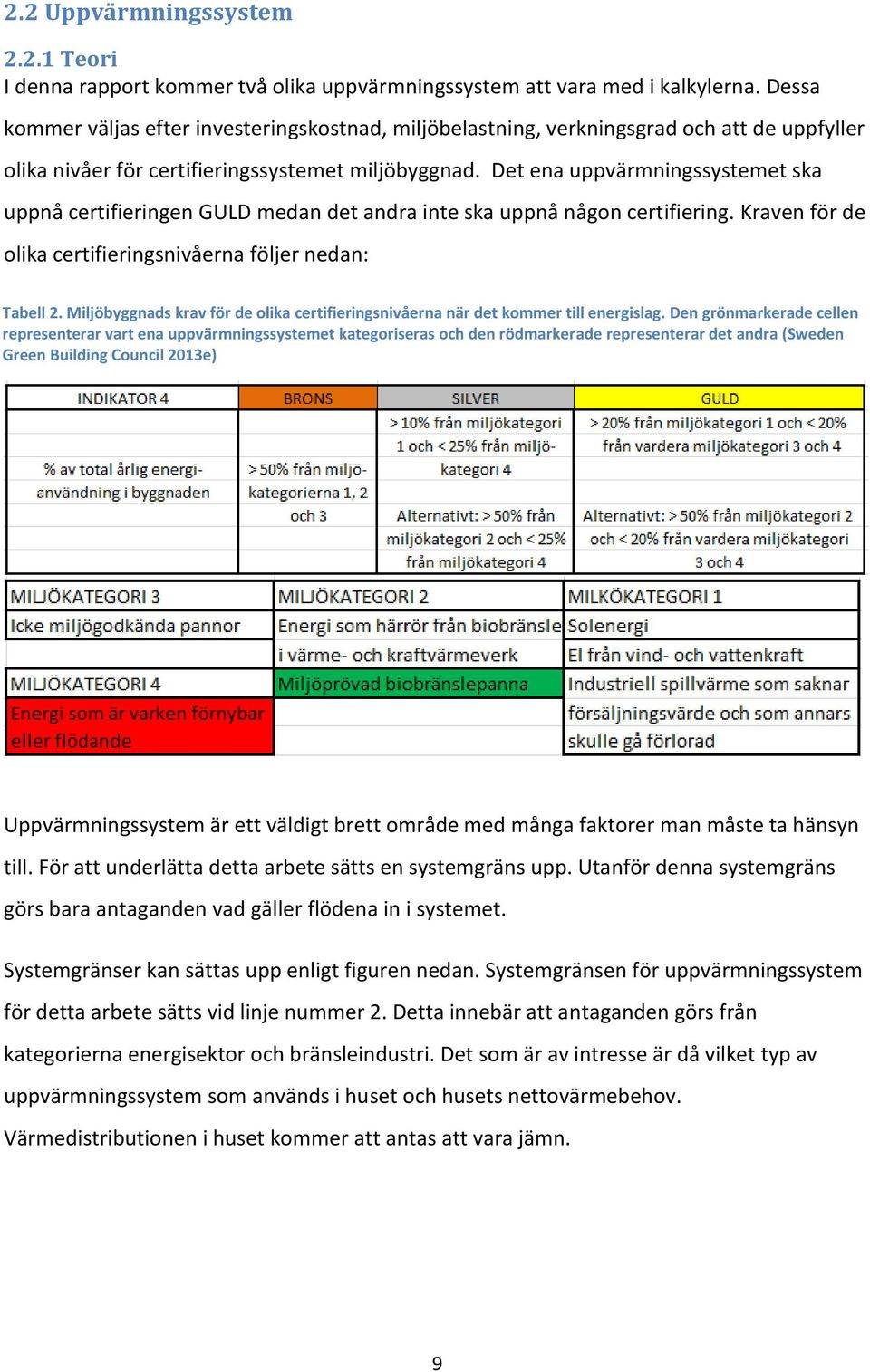 Det ena uppvärmningssystemet ska uppnå certifieringen GULD medan det andra inte ska uppnå någon certifiering. Kraven för de olika certifieringsnivåerna följer nedan: Tabell 2.