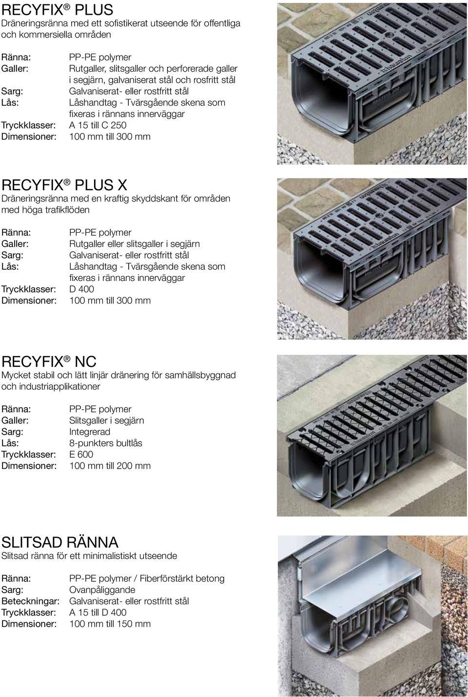 Galvaniserat- eller rostfritt stål Tryckklasser: D 400 RECYFIX NC Mycket stabil och lätt linjär dränering för samhällsbyggnad och industriapplikationer Slitsgaller i segjärn Integrerad 8-punkters