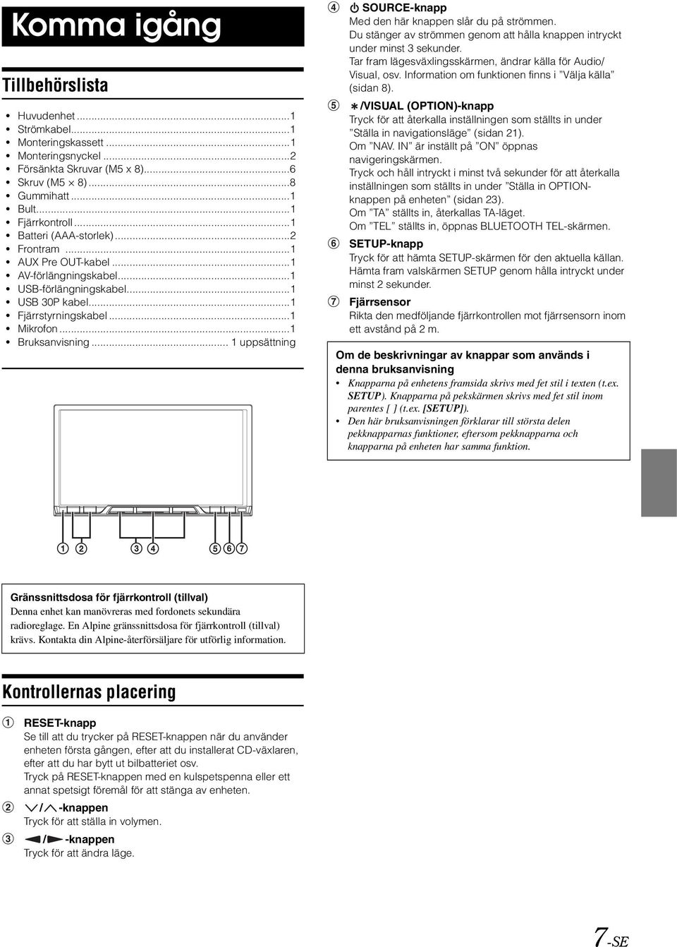 .. 1 uppsättning SOURCE-knapp Med den här knappen slår du på strömmen. Du stänger av strömmen genom att hålla knappen intryckt under minst 3 sekunder.