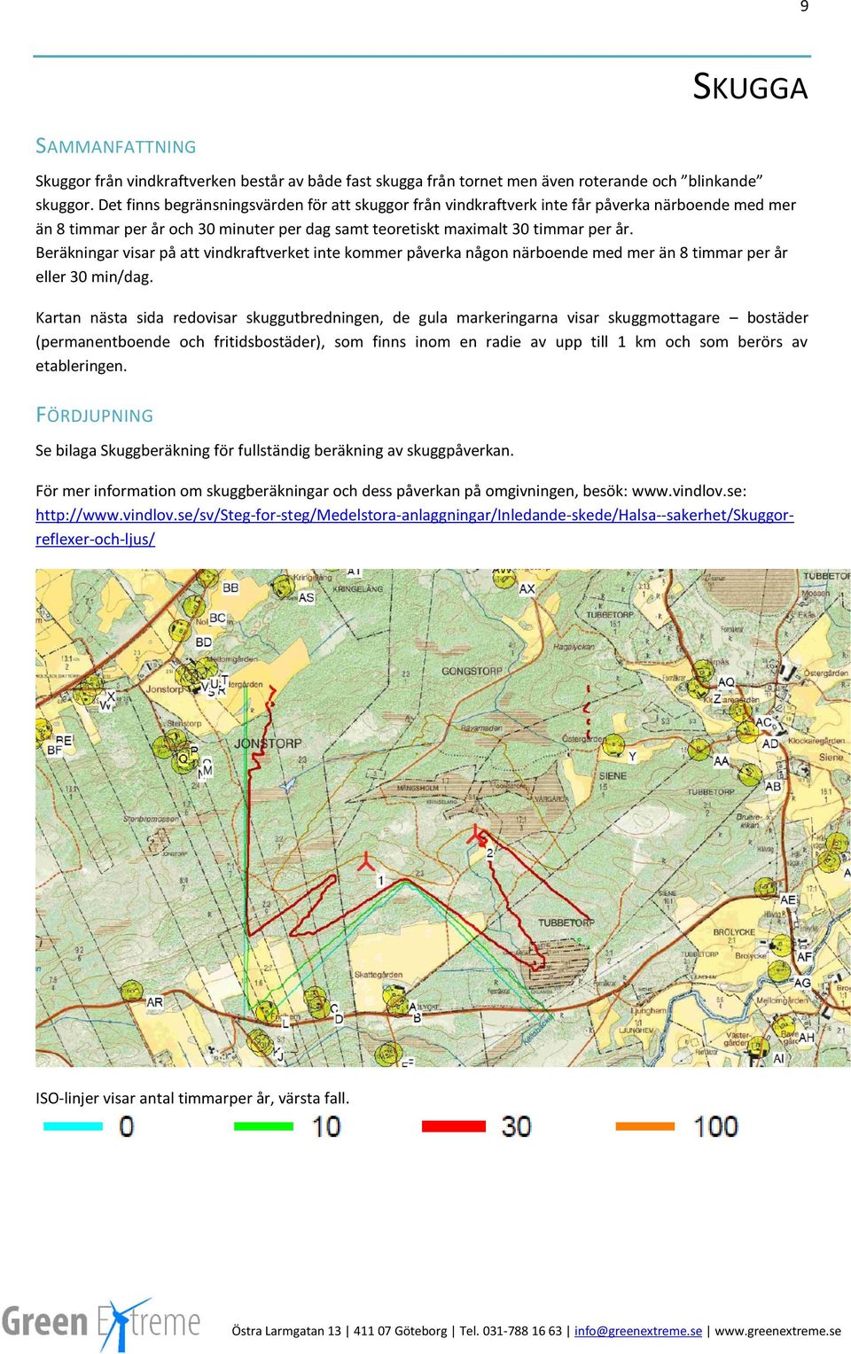 Beräkningar visar på att vindkraftverket inte kommer påverka någon närboende med mer än 8 timmar per år eller 30 min/dag.