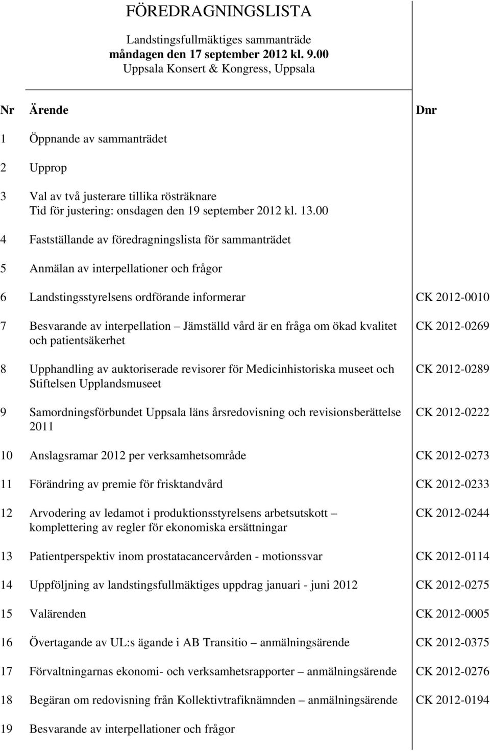 00 4 Fastställande av föredragningslista för sammanträdet 5 Anmälan av interpellationer och frågor 6 Landstingsstyrelsens ordförande informerar CK 2012-0010 7 Besvarande av interpellation Jämställd