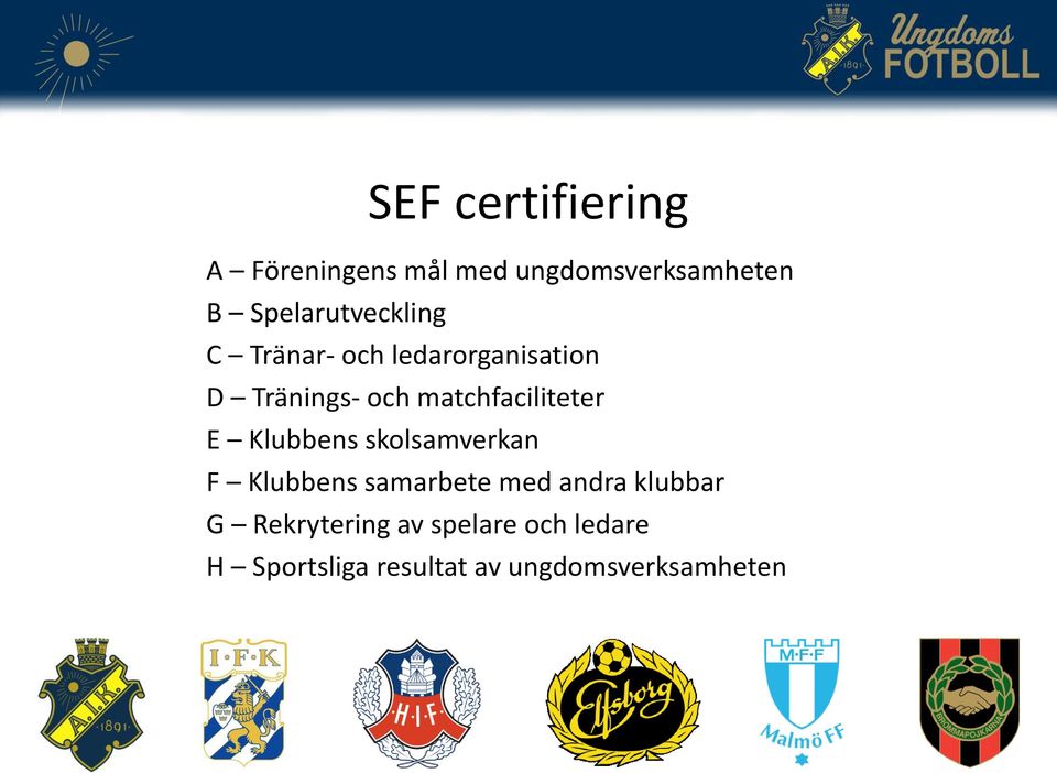 matchfaciliteter E Klubbens skolsamverkan F Klubbens samarbete med