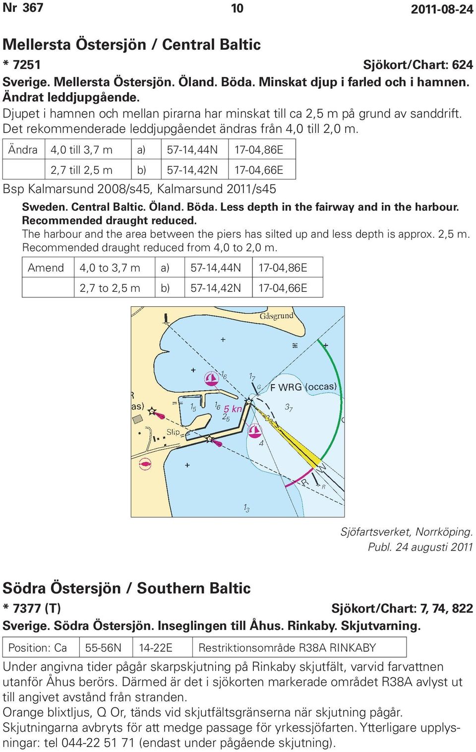 Ändra 4,0 till 3,7 m a) 57-14,44N 17-04,86E 2,7 till 2,5 m b) 57-14,42N 17-04,66E Bsp Kalmarsund 2008/s45, Kalmarsund 2011/s45 Sweden. Central Baltic. Öland. Böda.