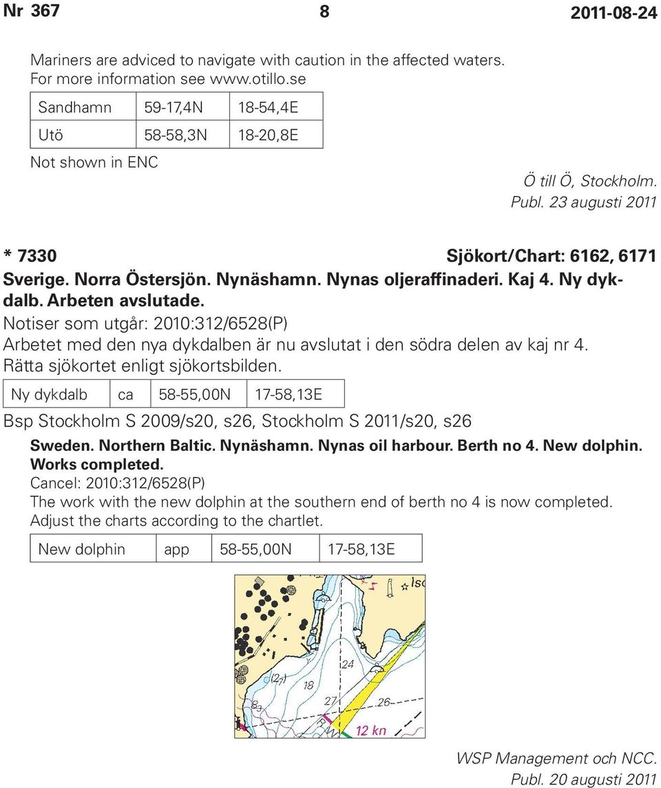 Notiser som utgår: 2010:312/6528(P) Arbetet med den nya dykdalben är nu avslutat i den södra delen av kaj nr 4. Rätta sjökortet enligt sjökortsbilden.