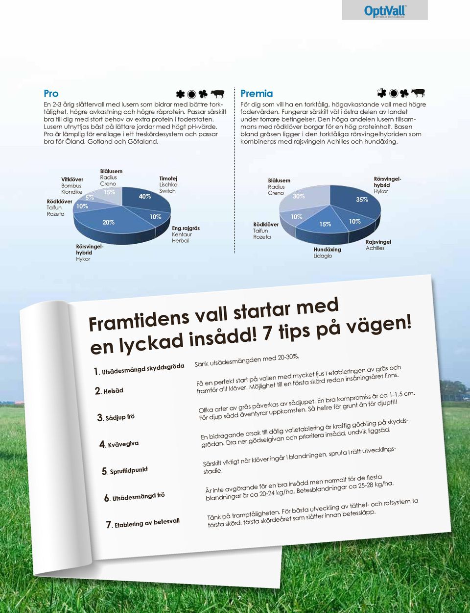 Premia För dig som vill ha en torktålig, högavkastande vall med högre fodervärden. Fungerar särskilt väl i östra delen av landet under torrare betingelser.