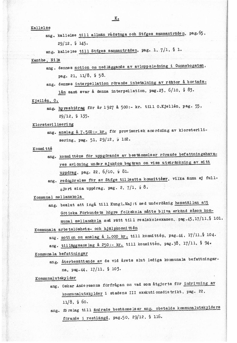 Kallelse Klorsteri liseri ng Kommunal mcl lanskola Kommunala arbetslösbets- och hjälpkonrn;ittéu Kommunala befattningar Kommunaiutskylder hyresbidrag för år 1927 å 500:- kr. till O.Kjellén, pag.