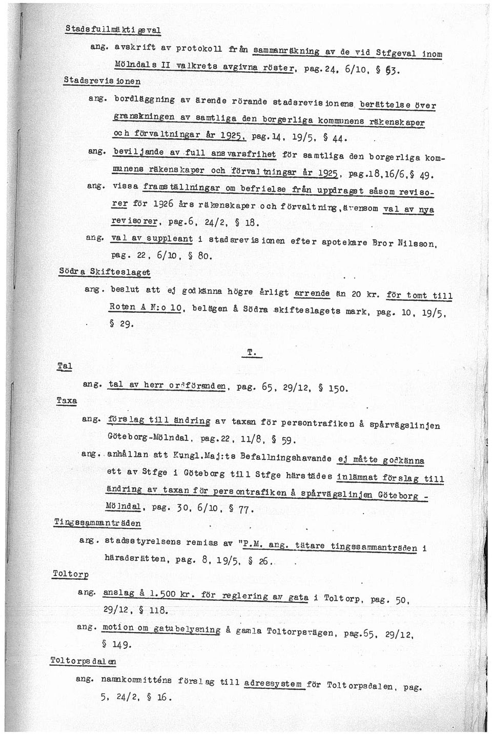 24, 6/lo, avskrift av protokoll från samnräknng av de vid Stfgeval inom 5, 24/2, 16. arg. namukcnriitt4ns förslag till adressystem för Toltorpedalen, pag. Toltorpsc1aii. l49. arg. motion om gatubelysning & gamla Toltorpsvägen, pag.