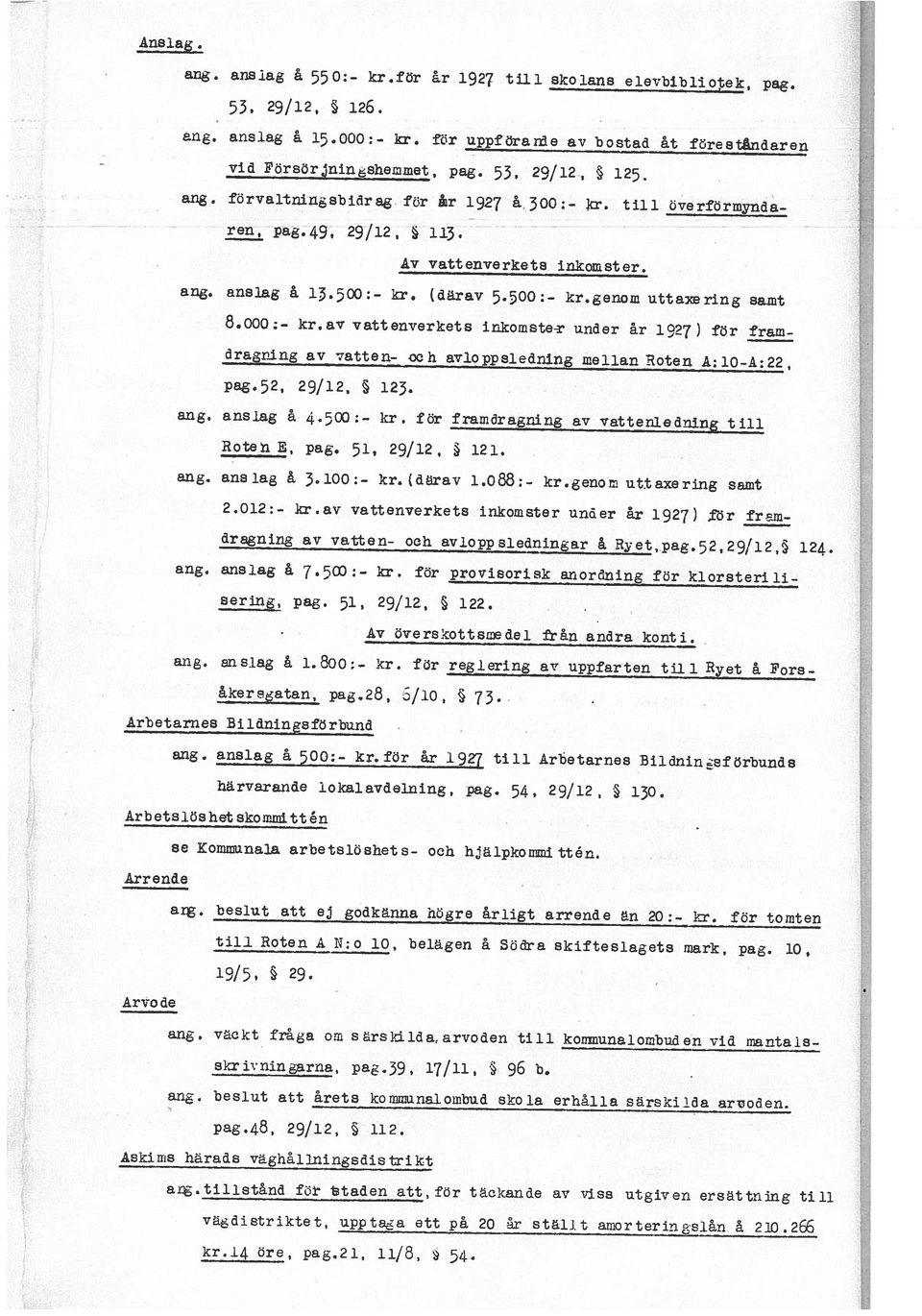 allg ansla a 15 000 - kr fcr uppforae av bostad at flreståndaren Av vattenverkets inkomster. ren, pag.49, 29/12, 113. 53, 29/12, 126. anslag å 550:- kr.fr år 1927 till skolans e1evbiblioek, pag.