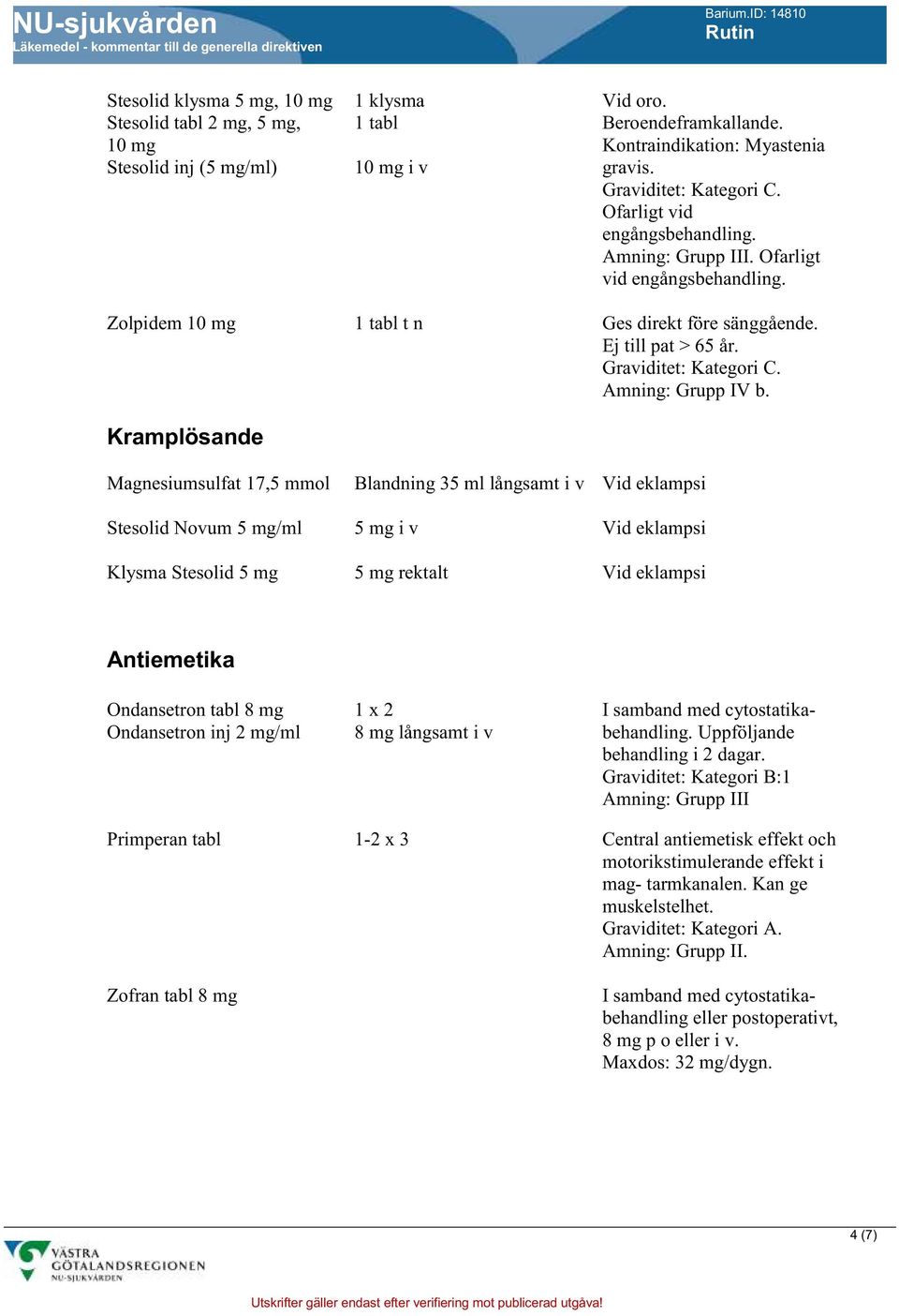 Kramplösande Magnesiumsulfat 17,5 mmol Stesolid Novum 5 mg/ml Klysma Stesolid 5 mg Blandning 35 ml långsamt i v 5 mg i v 5 mg rektalt Vid eklampsi Vid eklampsi Vid eklampsi Antiemetika Ondansetron