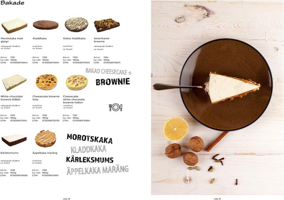 nr: 7204 Ca: vikt: 1850g GTIN: 07350089730675 BAKAD CHEESECAKE + BROWNIE White-chocolate brownie blåbär rektangulär 21x28cm ca: 12 port Cheesecake brownie kola rund form ca: 12 port Cheesecake