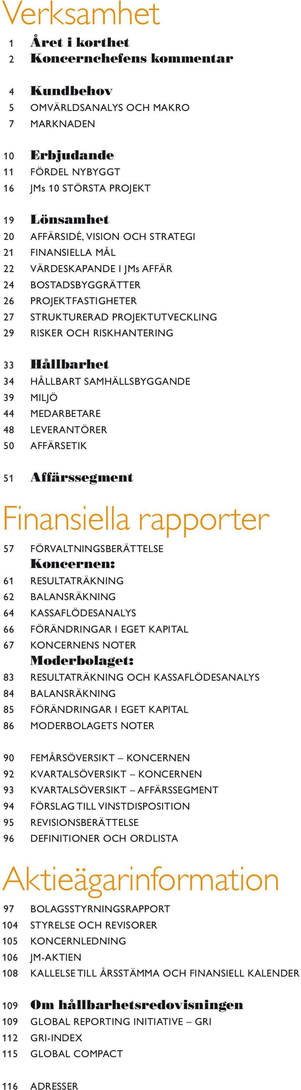 SAMHÄLLSBYGGANDE 39 MILJÖ 44 MEDARBETARE 48 LEVERANTÖRER 50 AFFÄRSETIK 51 Affärssegment Finansiella rapporter 57 FÖRVALTNINGSBERÄTTELSE Koncernen: 61 RESULTATRÄKNING 62 BALANSRÄKNING 64