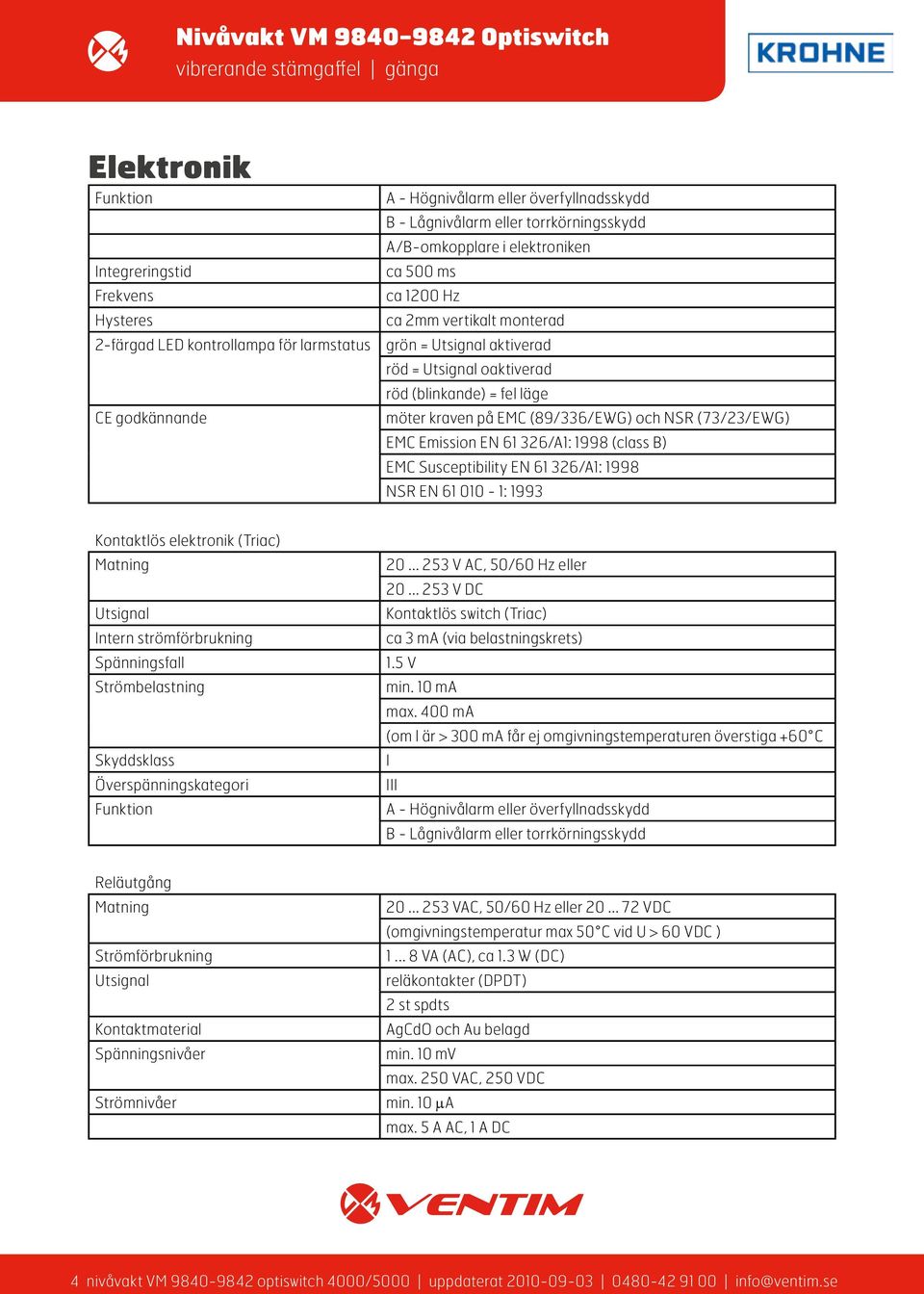 (73/23/EWG) EMC Emission EN 61 326/A1: 1998 (class B) EMC Susceptibility EN 61 326/A1: 1998 NSR EN 61 010-1: 1993 Kontaktlös elektronik (Triac) Matning Utsignal Intern strömförbrukning Spänningsfall