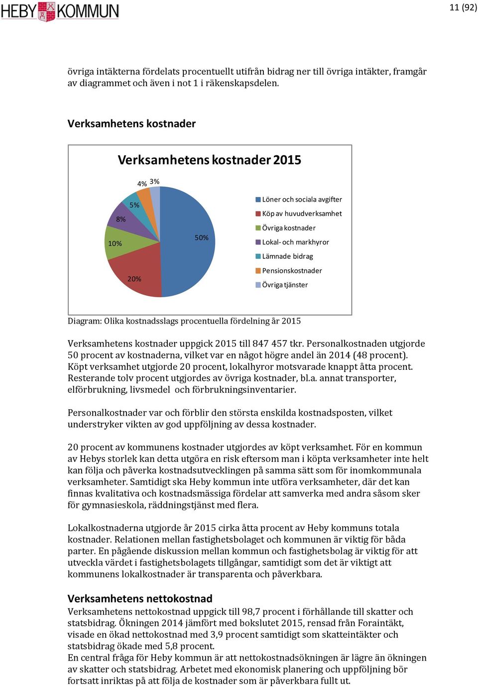 Övriga tjänster Diagram: Olika kostnadsslags procentuella fördelning år 2015 Verksamhetens kostnader uppgick 2015 till 847 457 tkr.