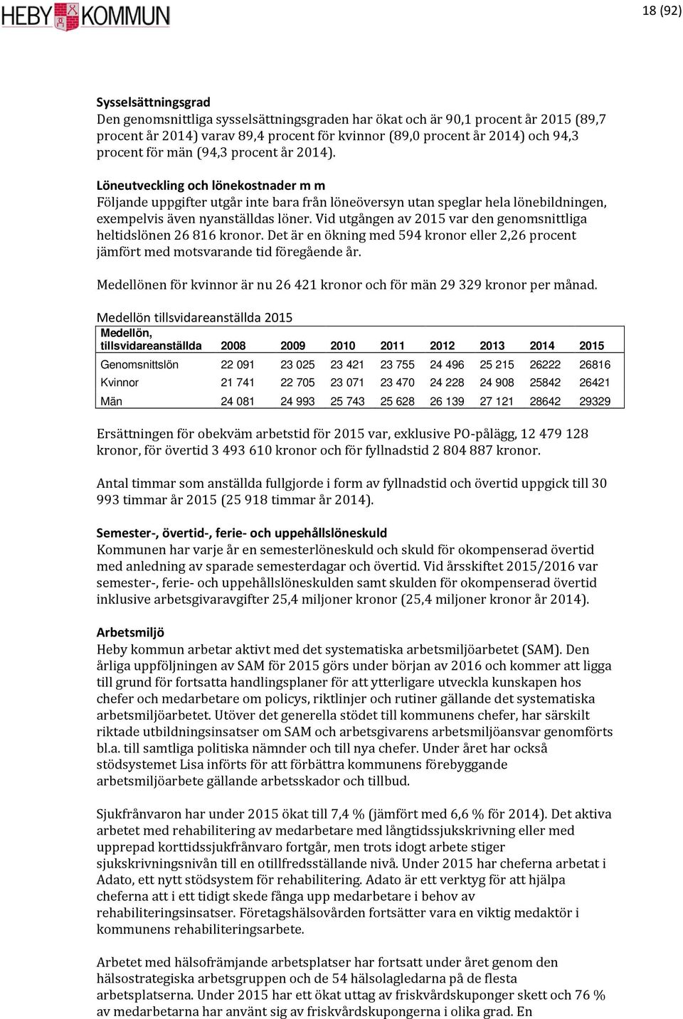 Vid utgången av 2015 var den genomsnittliga heltidslönen 26 816 kronor. Det är en ökning med 594 kronor eller 2,26 procent jämfört med motsvarande tid föregående år.