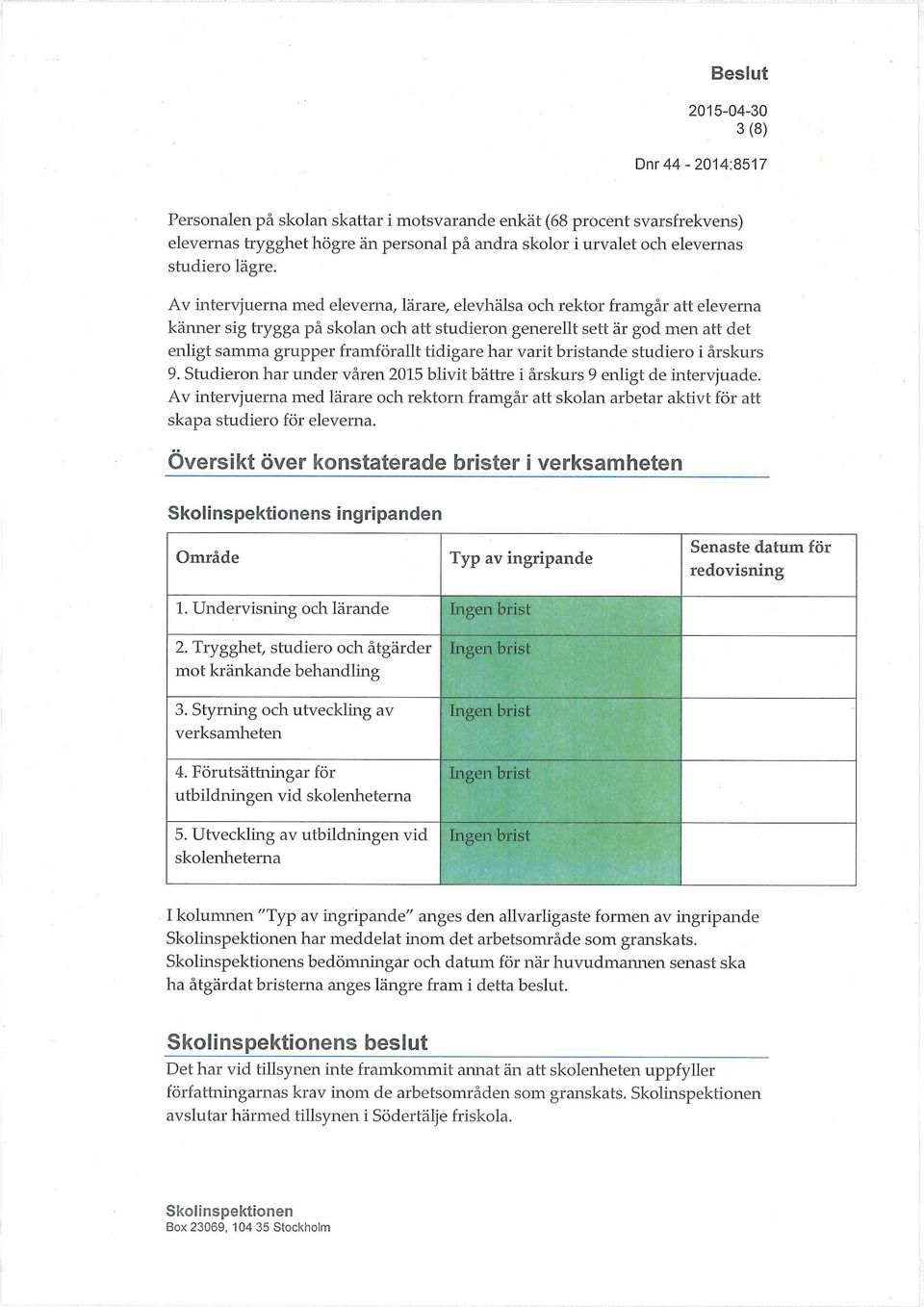 tidigare har varit bristande studiero i årskurs 9. Studieron har under våren 2015 blivit bättre i årskurs 9 enligt de intervjuade.