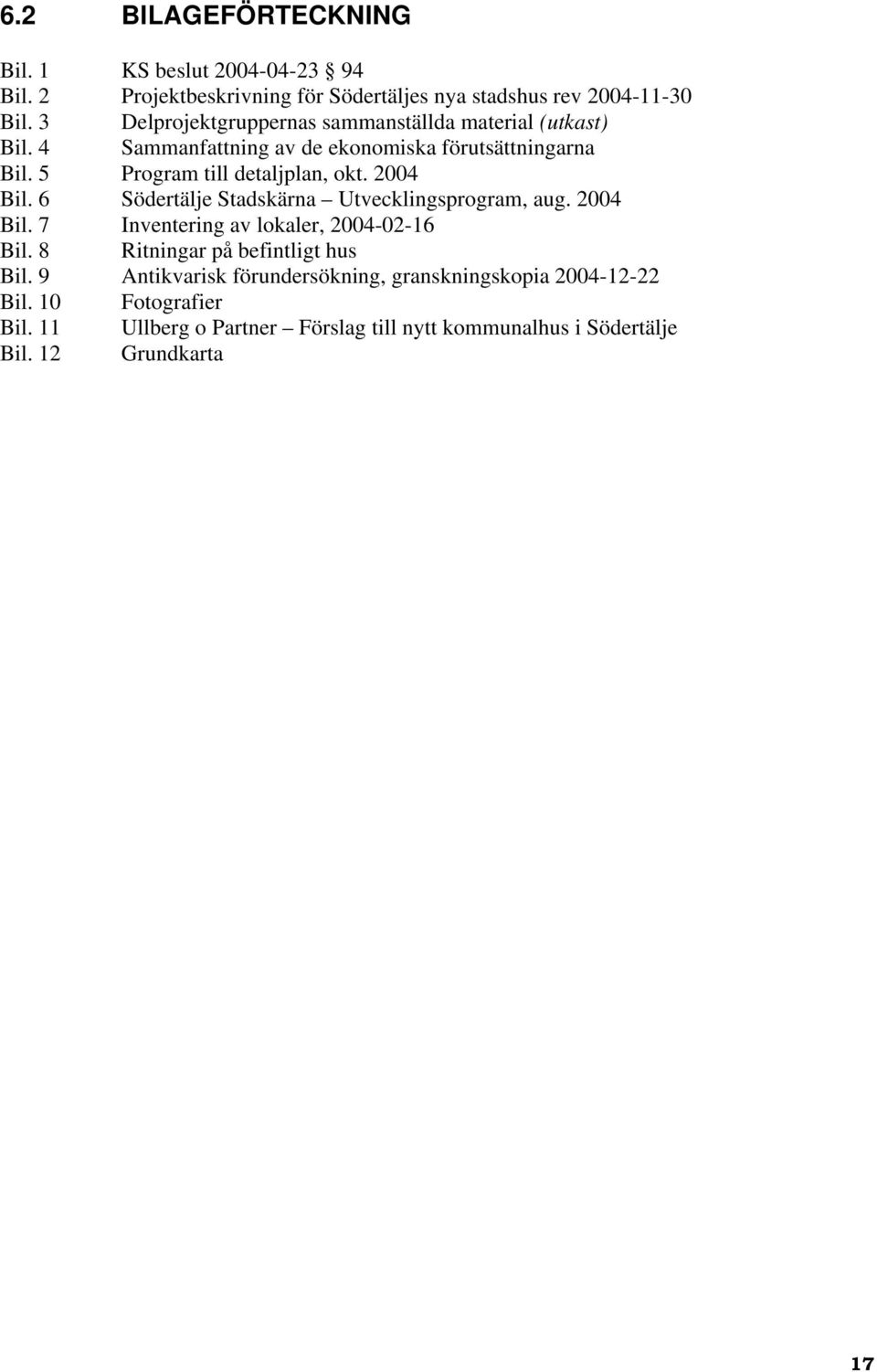 2004 Bil. 6 Södertälje Stadskärna Utvecklingsprogram, aug. 2004 Bil. 7 Inventering av lokaler, 2004-02-16 Bil. 8 Ritningar på befintligt hus Bil.