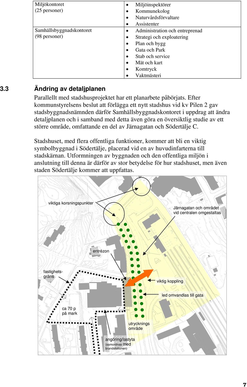 Efter kommunstyrelsens beslut att förlägga ett nytt stadshus vid kv Pilen 2 gav stadsbyggnadsnämnden därför Samhällsbyggnadskontoret i uppdrag att ändra detaljplanen och i samband med detta även göra