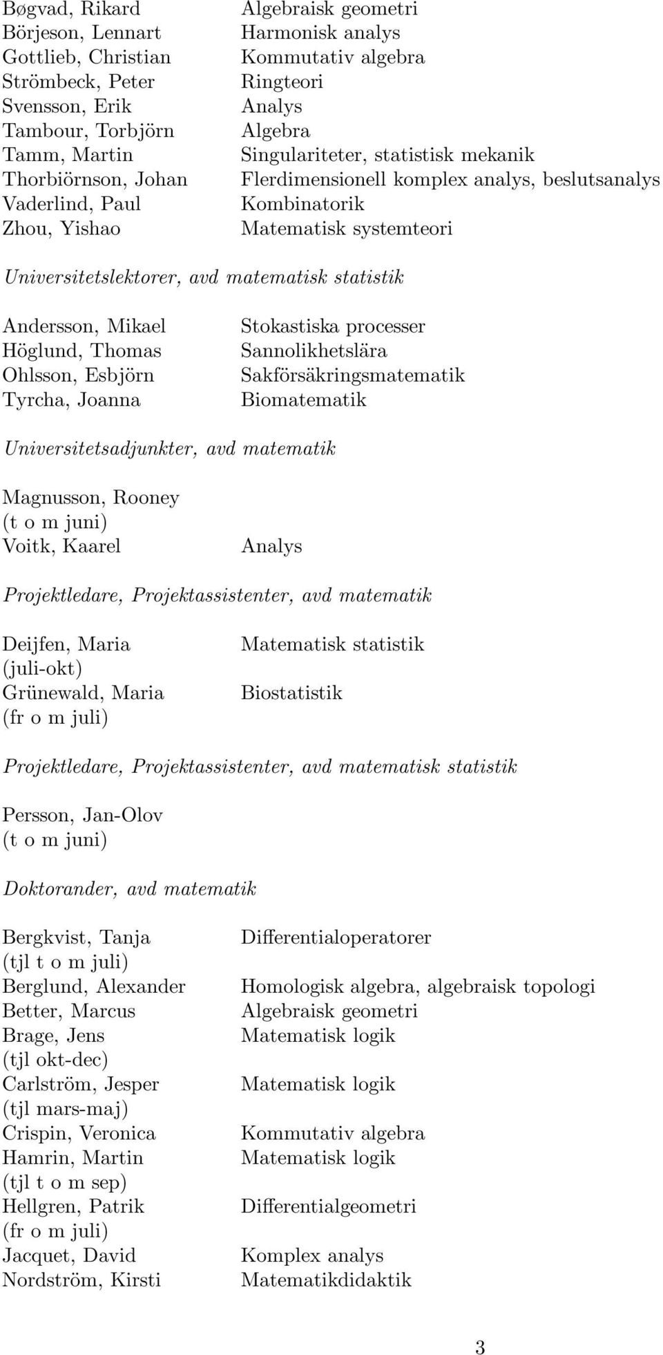 matematisk statistik Andersson, Mikael Höglund, Thomas Ohlsson, Esbjörn Tyrcha, Joanna Stokastiska processer Sannolikhetslära Sakförsäkringsmatematik Biomatematik Universitetsadjunkter, avd matematik