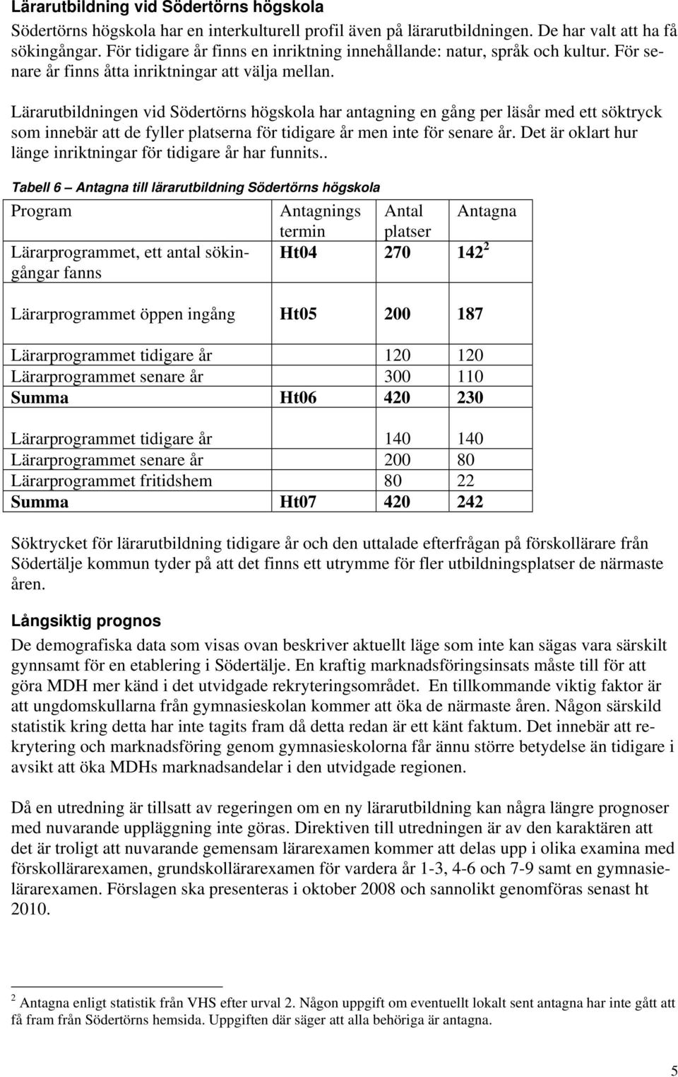 Lärarutbildningen vid Södertörns högskola har antagning en gång per läsår med ett söktryck som innebär att de fyller platserna för tidigare år men inte för senare år.