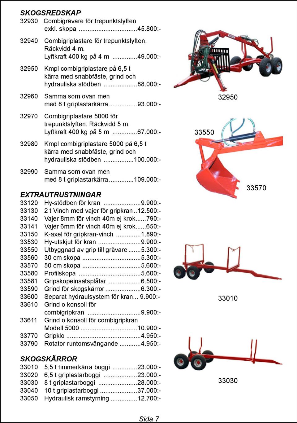 000:- 32970 Combigriplastare 5000 för trepunktslyften. Räckvidd 5 m. Lyftkraft 400 kg på 5 m...67.000:- 32980 Kmpl combigriplastare 5000 på 6,5 t kärra med snabbfäste, grind och hydrauliska stödben.