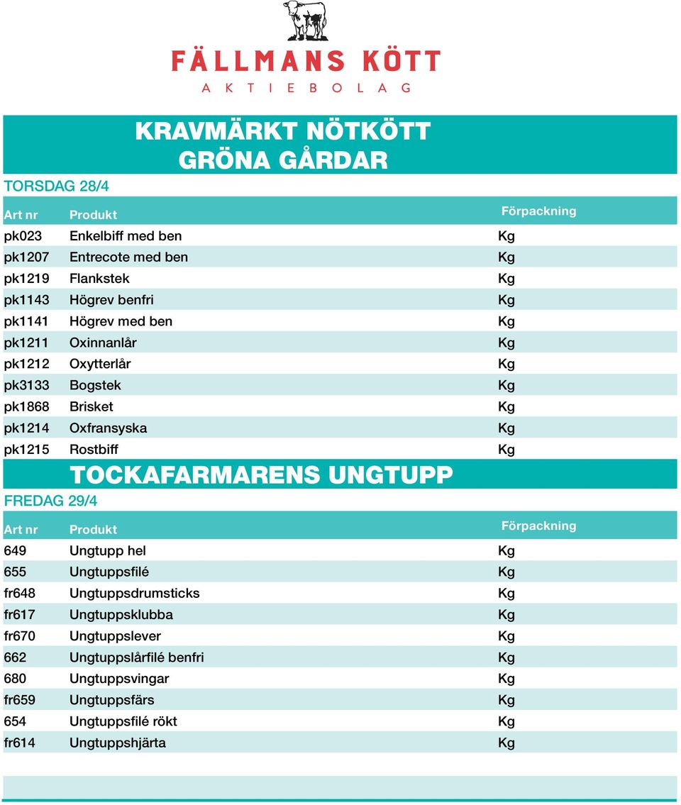 Rostbiff Kg TOCKAFARMARENS UNGTUPP FREDAG 29/4 649 Ungtupp hel Kg 655 Ungtuppsfilé Kg fr648 Ungtuppsdrumsticks Kg fr617 Ungtuppsklubba Kg