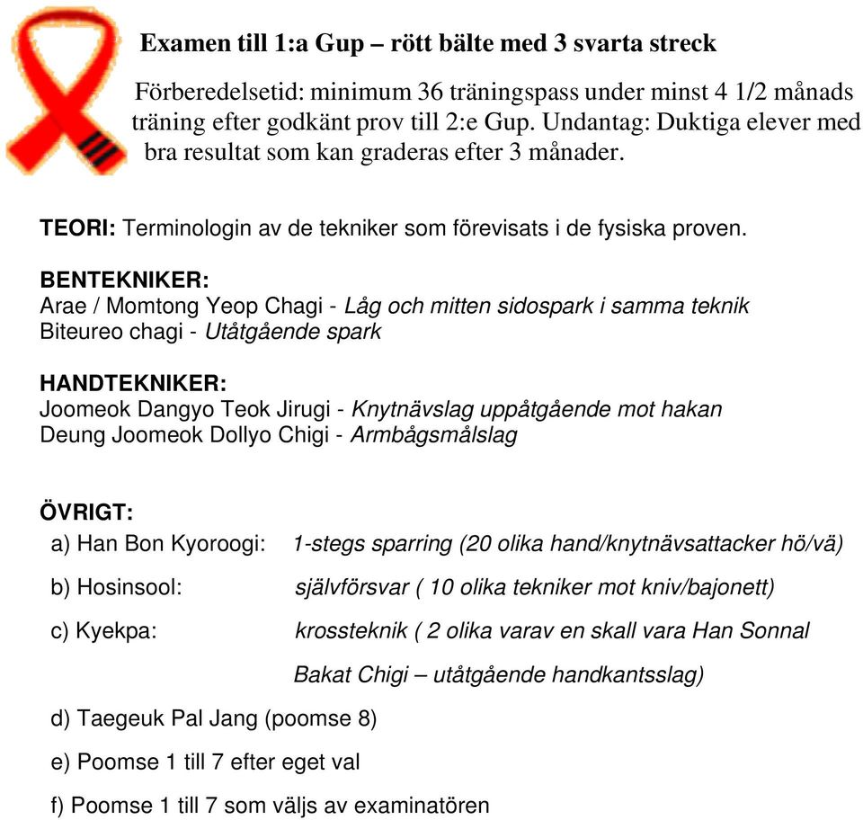 Arae / Momtong Yeop Chagi - Låg och mitten sidospark i samma teknik Biteureo chagi - Utåtgående spark Joomeok Dangyo Teok Jirugi - Knytnävslag uppåtgående mot hakan Deung Joomeok Dollyo Chigi -