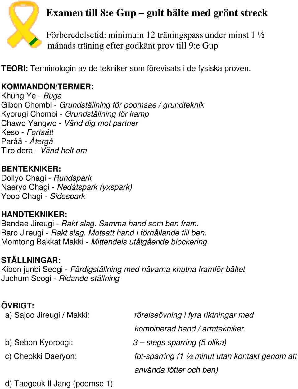 Rundspark Naeryo Chagi - Nedåtspark (yxspark) Yeop Chagi - Sidospark Bandae Jireugi - Rakt slag. Samma hand som ben fram. Baro Jireugi - Rakt slag. Motsatt hand i förhållande till ben.