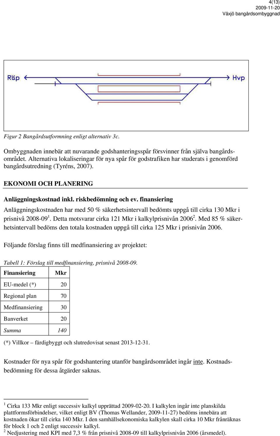 finansiering Anläggningskostnaden har med 50 % säkerhetsintervall bedömts uppgå till cirka 130 Mkr i prisnivå 2008-09 1. Detta motsvarar cirka 121 Mkr i kalkylprisnivån 2006 2.