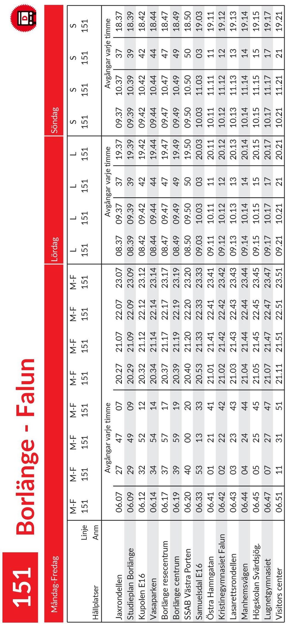 Lugnetgymnasiet Visitors center M-F M-F M-F M-F M-F M-F M-F M-F L L L L S S S S Linje 151 151 151 151 151 151 151 151 151 151 151 151 151 151 151 151 Avgångar varje timme Avgångar varje timme