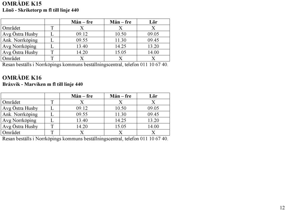05 14.00 OMRÅDE K16 Bråxvik - Marviken m fl till linje 440 Avg Östra Husby L 09.12 10.50 09.
