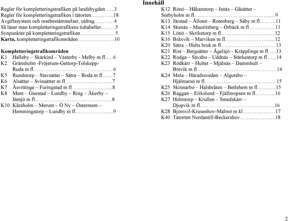 . 6 K2 Gränsholm -Fröjerum-Gettorp-Tolskepp- Ruda m fl. 6 K5 Rundstorp Stavsätter Sätra Boda m fl...7 K6 Alsätter Svinsätter m fl...7 K7 Åsvittinge Furingstad m fl.