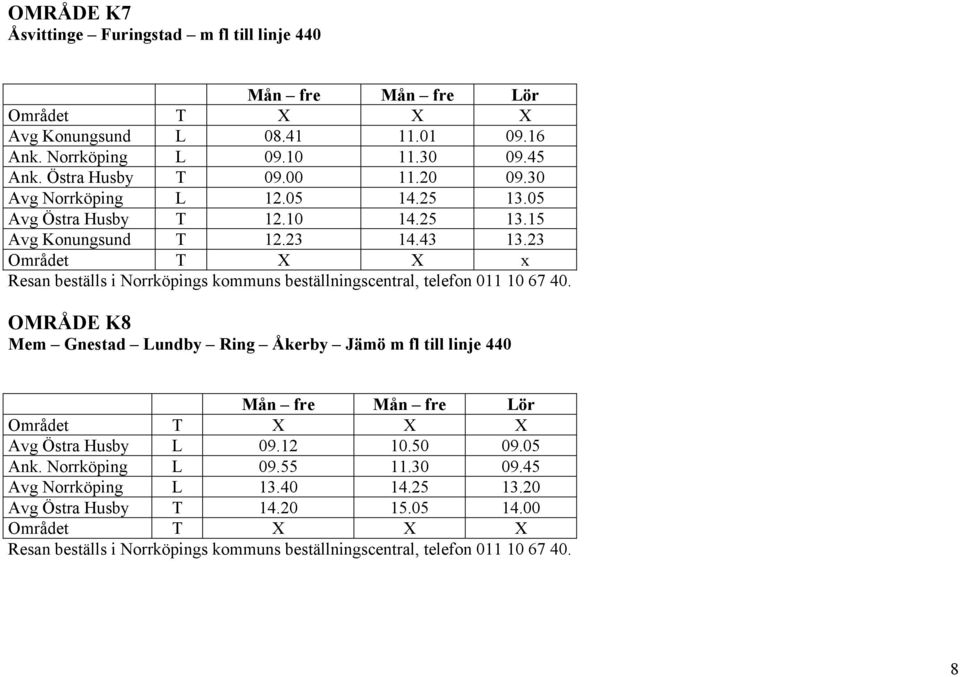 23 14.43 13.23 Området T X X x OMRÅDE K8 Mem Gnestad Lundby Ring Åkerby Jämö m fl till linje 440 Avg Östra Husby L 09.