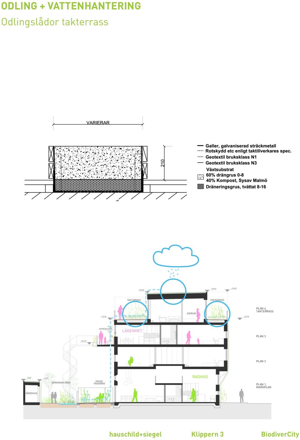 55 GEMENSAM GÅRD PRIVAT TRÄDGÅRD PLAN 1, MARKPLAN hauschild + siegel architectur GÅRDSHUS hauschild+siegel Klippern 3 A H+S ARCHITECTURE AB 040-171176 K DANEWIDS ING.