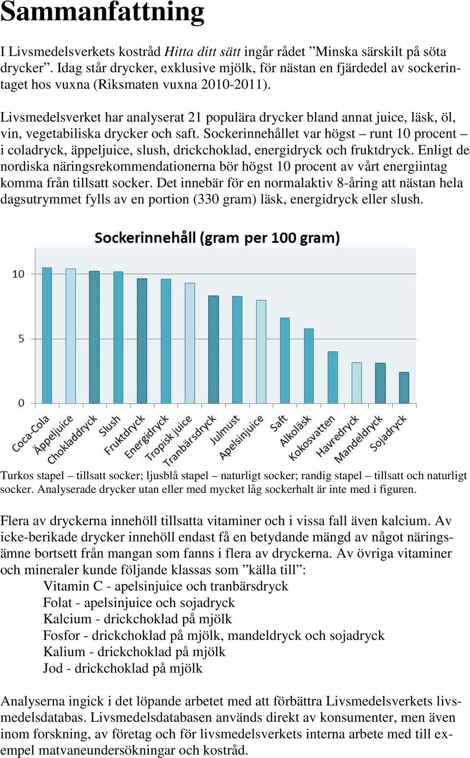 Livsmedelsverket har analyserat 21 populära drycker bland annat juice, läsk, öl, vin, vegetabiliska drycker och saft.