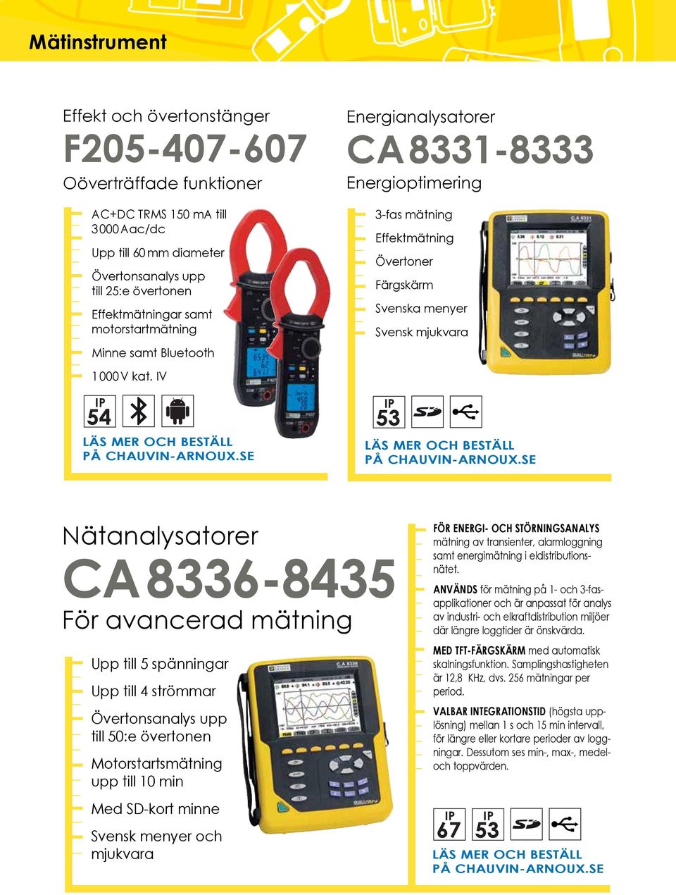 IV 54 Energianalysatorer CA 8331-8333 Energioptimering 3-fas mätning Effektmätning Övertoner Färgskärm Svenska menyer Svensk mjukvara 53 Nätanalysatorer CA 8336-8435 För avancerad mätning Upp till 5