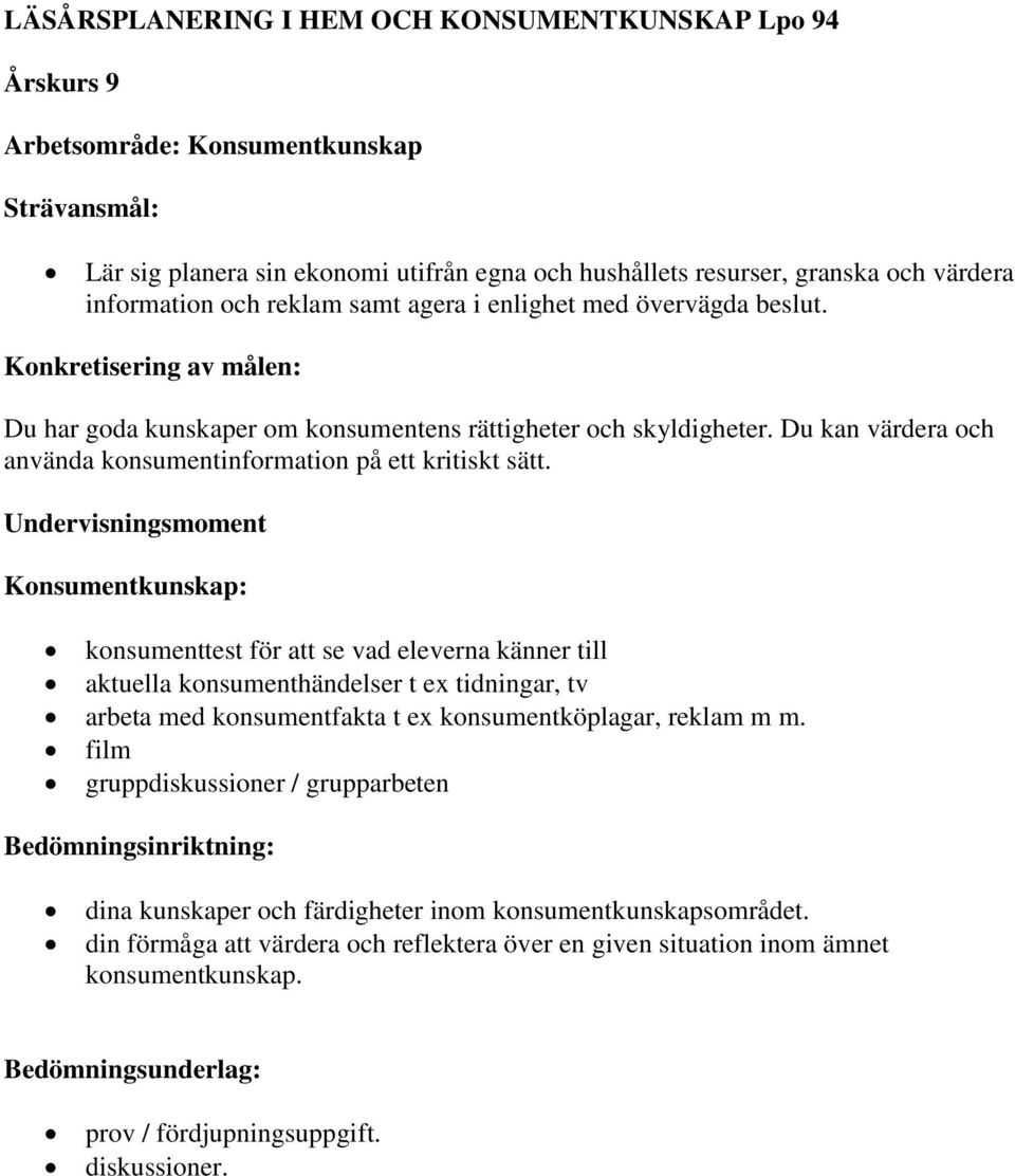 Undervisningsmoment Konsumentkunskap: konsumenttest för att se vad eleverna känner till aktuella konsumenthändelser t ex tidningar, tv arbeta med konsumentfakta t ex konsumentköplagar, reklam m m.