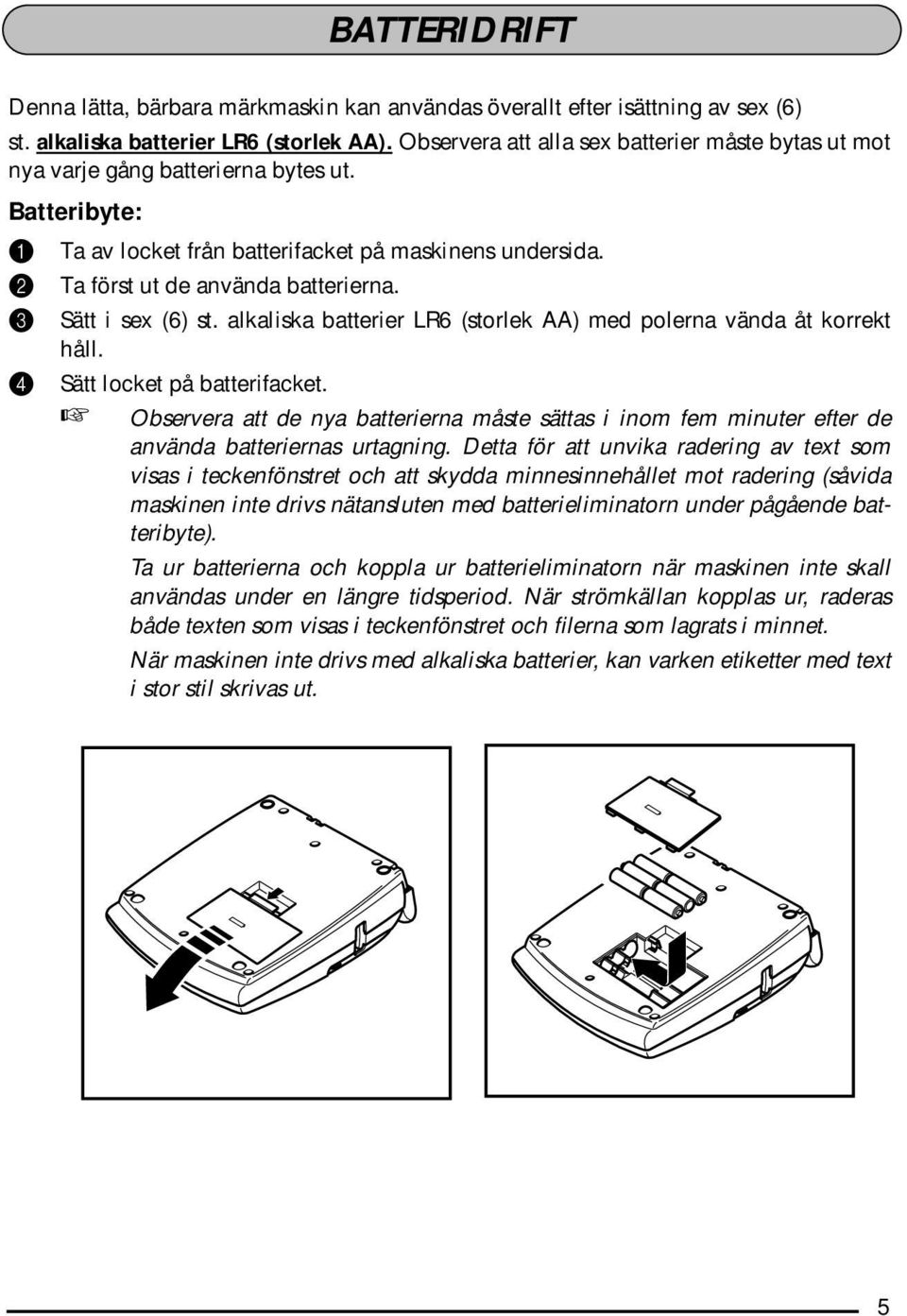 3 Sätt i sex (6) st. alkaliska batterier LR6 (storlek AA) med polerna vända åt korrekt håll. 4 Sätt locket på batterifacket.