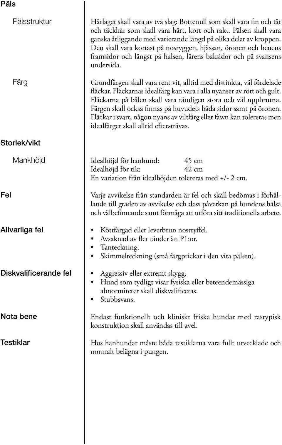 Den skall vara kortast på nosryggen, hjässan, öronen och benens framsidor och längst på halsen, lårens baksidor och på svansens undersida.