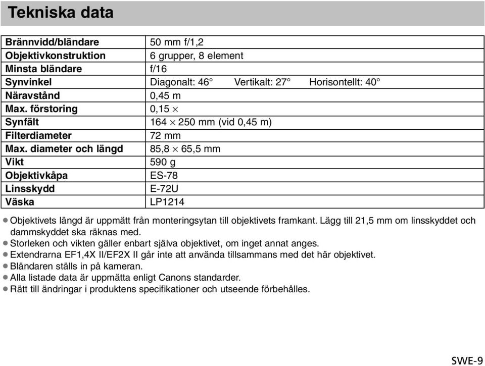 diameter och längd 85,8 65,5 mm Vikt 590 g Objektivkåpa ES-78 Linsskydd E-72U Väska LP1214 Objektivets längd är uppmätt från monteringsytan till objektivets framkant.