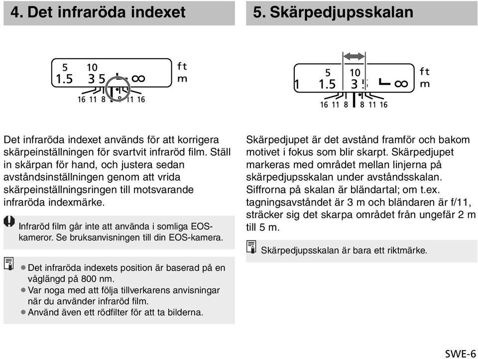 Infraröd film går inte att använda i somliga EOSkameror. Se bruksanvisningen till din EOS-kamera. Det infraröda indexets position är baserad på en våglängd på 800 nm.