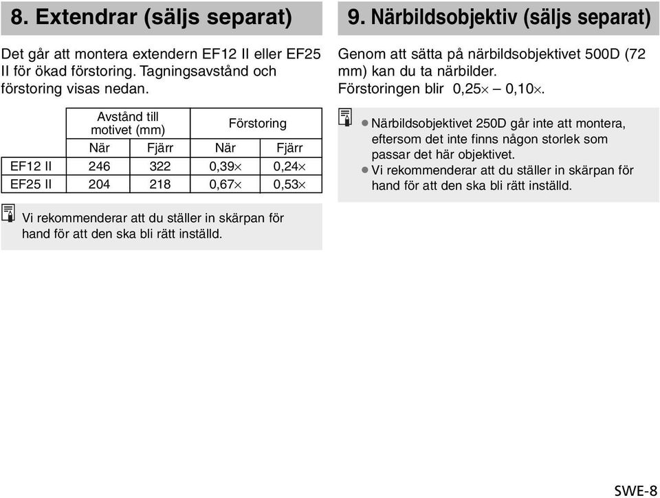 Närbildsobjektiv (säljs separat) Genom att sätta på närbildsobjektivet 500D (72 mm) kan du ta närbilder. Förstoringen blir 0,25 0,10.