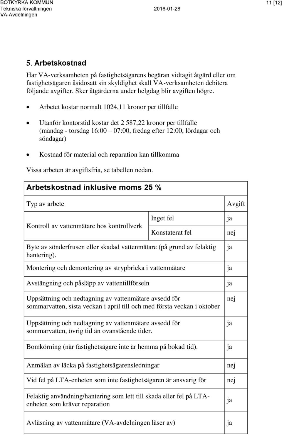 Arbetet kostar normalt 1024,11 kronor per tillfälle Utanför kontorstid kostar det 2 587,22 kronor per tillfälle (måndag - torsdag 16:00 07:00, fredag efter 12:00, lördagar och söndagar) Kostnad för