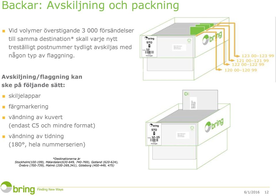 Avskiljning/flaggning kan ske på följande sätt: skiljelappar färgmarkering vändning av kuvert (endast C5 och mindre format)