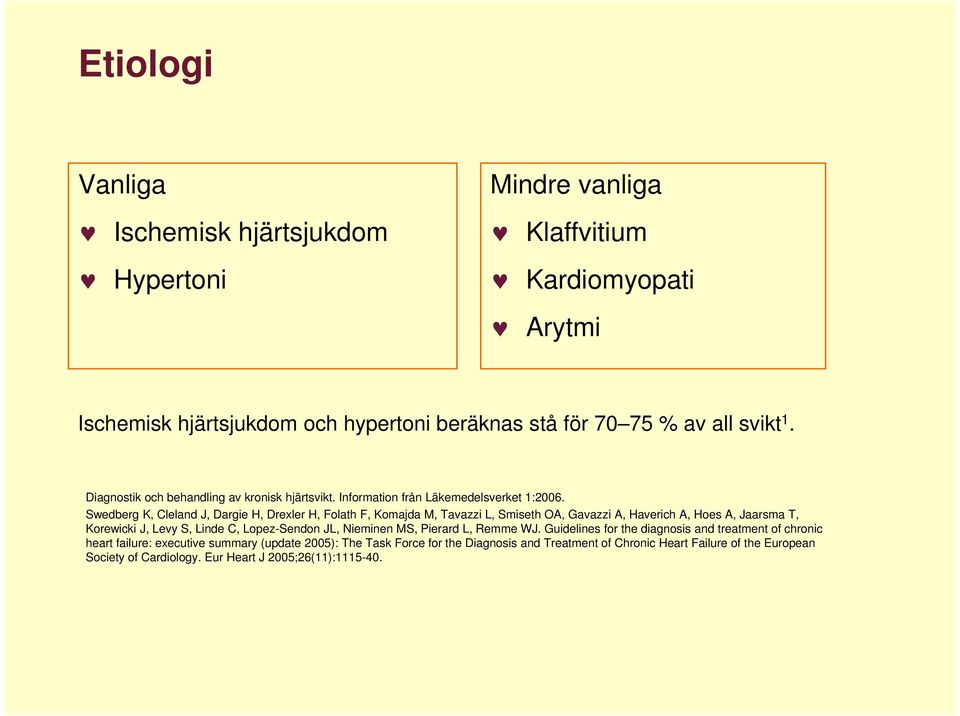 Swedberg K, Cleland J, Dargie H, Drexler H, Folath F, Komajda M, Tavazzi L, Smiseth OA, Gavazzi A, Haverich A, Hoes A, Jaarsma T, Korewicki J, Levy S, Linde C, Lopez-Sendon JL,