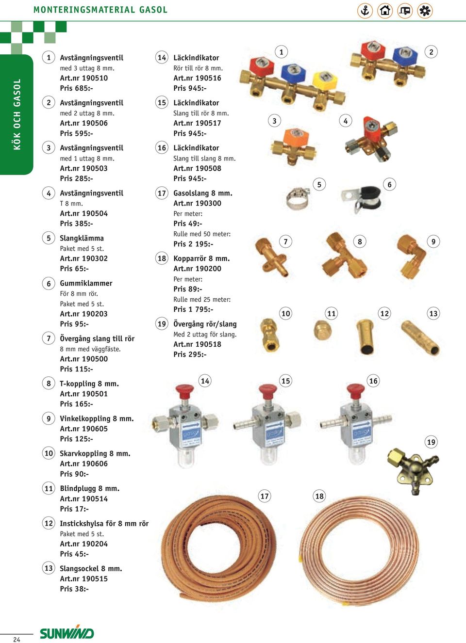 Art.nr 190500 Pris 115:- T-koppling 8 mm. Art.nr 190501 Pris 165:- 14 15 16 17 18 19 Läckindikator Rör till rör 8 mm. Art.nr 190516 Pris 945:- Läckindikator Slang till rör 8 mm. Art.nr 190517 Pris 945:- Läckindikator Slang till slang 8 mm.