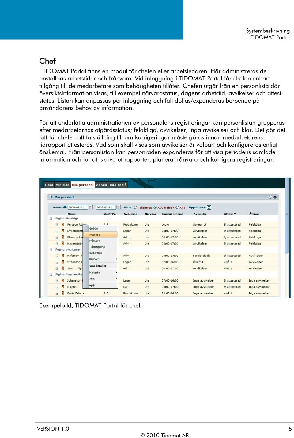 Chefen utgår från en personlista där översiktsinformation visas, till exempel närvarostatus, dagens arbetstid, avvikelser och atteststatus.