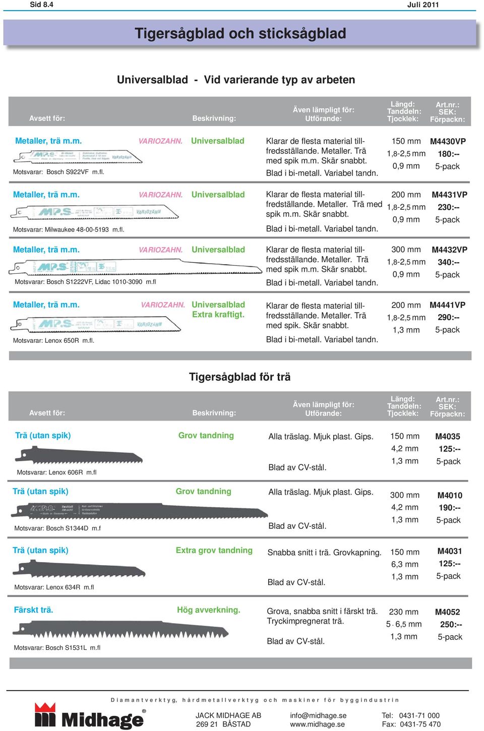 Universalblad med spik. Skär snabbt. 1,8- M4441VP 290:-- Tigersågblad för trä Motsvarar: Lenox 606R m.fl Grov tandning Alla träslag. Mjuk plast. Gips. M4035 Motsvarar: Bosch S1344D m.