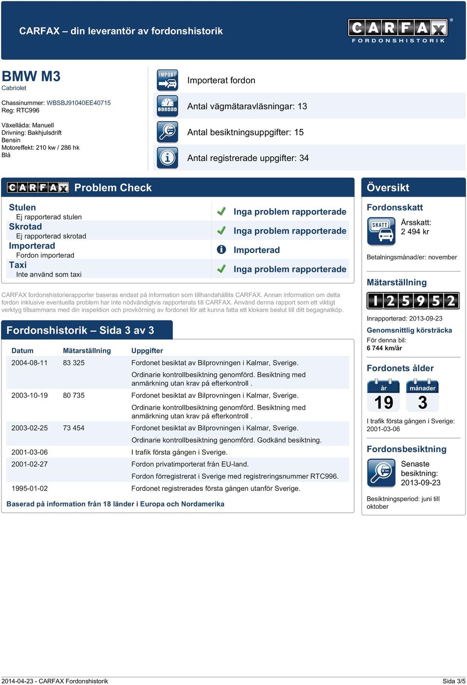 200-02-25 7 454 Fordonet besiktat av Bilprovningen i Kalmar, Sverige. 2001-0-06 I trafik första gången i Sverige.